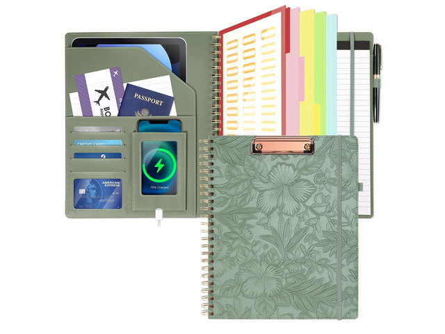 Clipboard with Storage for Men Women, Leather Padfolio Portfolio Organizer 5 Folders with 10 Pockets, Spiral Clipboard Folio with Notepad for...