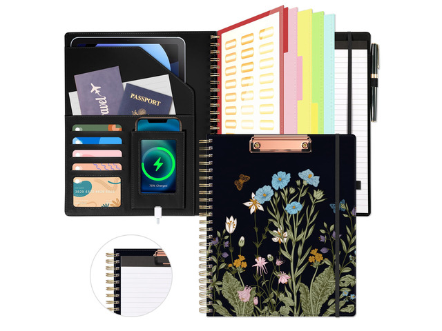 Clipboard with Storage for Women, Leather Padfolio Portfolio Organizer 5 Folders with 10 Pockets, Spiral Clipboard Folio with Notepad for Letter...