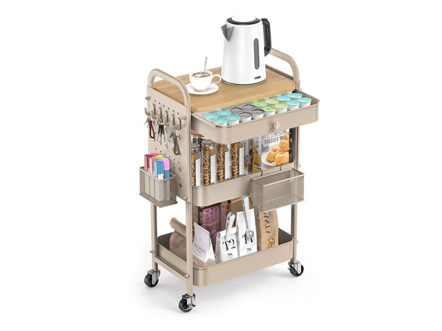 3 Tier Metal Rolling Cart with Drawer,Wood Top,Pegboards,Khaki Storage Utility Cart with Drawers,Pegboards,Lockable Wheels,Baskets,Hooks for...