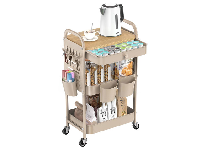 3 Tier Metal Rolling Cart with Drawer,Wood Top,Pegboards,Khaki Storage Utility Cart with Drawers,Pegboards,Lockable Wheels,Baskets,Hooks for...