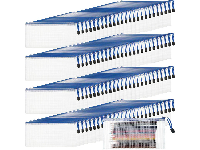 100Pcs Mesh Pencil Pouch,White Pouch Blue Zipper,A6 Small Zipper Pencil Pouches Bulk, Waterproof Clear Storage Bag, Multipurpose for Cash Board...