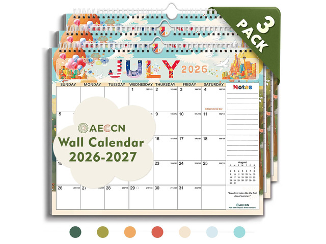 Calendar 2026-2027 18 Months, 3 Pack-Colorful 14.4' x 11.4' 110GSM Thick Paper No-Bleed Stickers Attached Home, School & Office Use