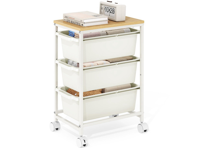Slim Rolling Cart with 3 Drawers, Metal Utility Storage Cart Wooden Tabletop, Lockable Wheels, Under Desk Trolley for Bedroom, Children's Room...