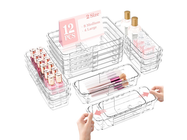 12 Pcs Clear Extendable Drawer Organizer, Adjustable Drawer Storage 2-Size Desk Drawer Organizer, Plastic Non-Slip Storage Bins for Makeup Cosmetic...