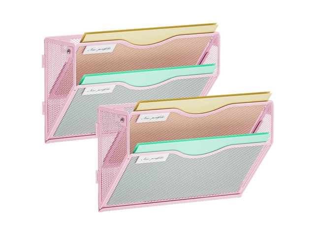 Wall File Holder 2-Tier Hanging Wall File Organizer, Mesh Mail Holder for Papers, Wall Mount File Clipboard & Magazine Organizer Great for Office...