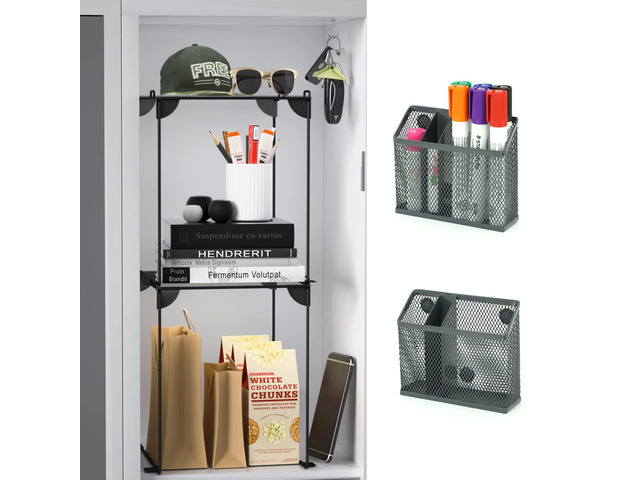 Locker Accessories and Decor Kit, Pack of 4, Grey Mesh Locker Shelf, Locker Organizer, Magnetic Basket, Pen Holder