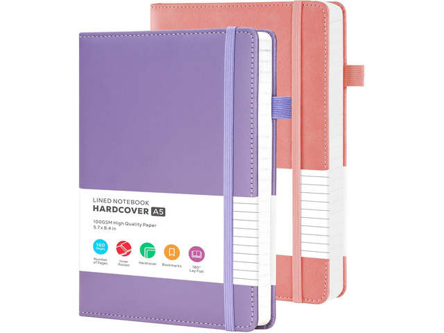 Lined Journal Notebook for Women Men, 2 Pack, 160 Pages per Pack, A5 (5.7'' x 8.4') Hardcover Journaling Notebook College Ruled for Writing Work,...
