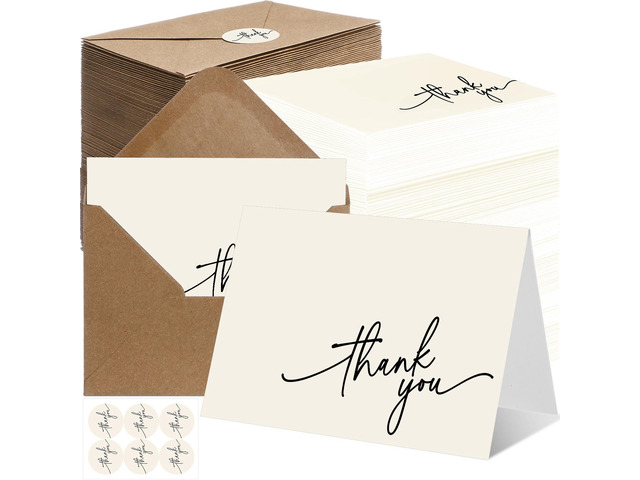200 Pcs Thank You Cards with Envelopes Stickers, 3.5x5', Cream Folded Blank Thank You Notes Bulk, Kraft Envelopes and Stickers, for Wedding...