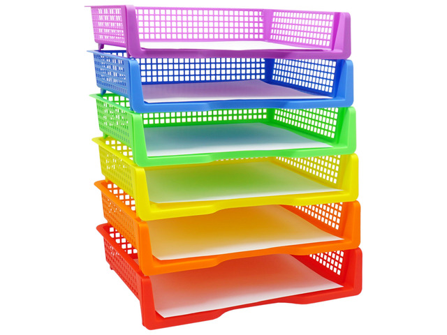 6 Colorful Plastic Trays for Teachers, Durable Turn in Trays, Classroom Paper Organizers, Stackable Storage Baskets for Office Desk, Classroom...