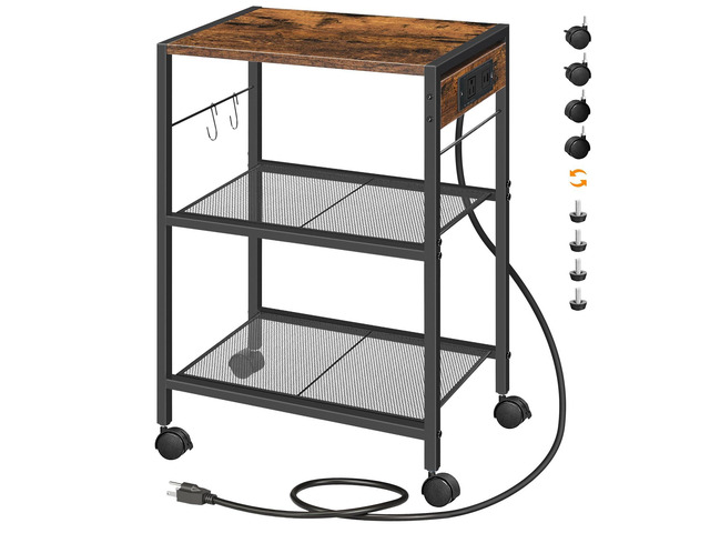 Industrial Printer Stand, 3-Tier Mobile Printer Table, Rolling Cart with Power Outlets and USB Ports, Home Printer Stand with 2 Hooks, for Office,...
