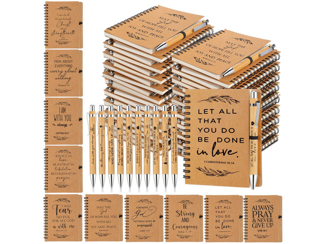 100 Pcs/ 50 Set Christian Gift Bulk Spiral Notebook and Pen, Brown Prayer Journal Bible Verse Ballpoint Pen, Religious Gift for Church Members...