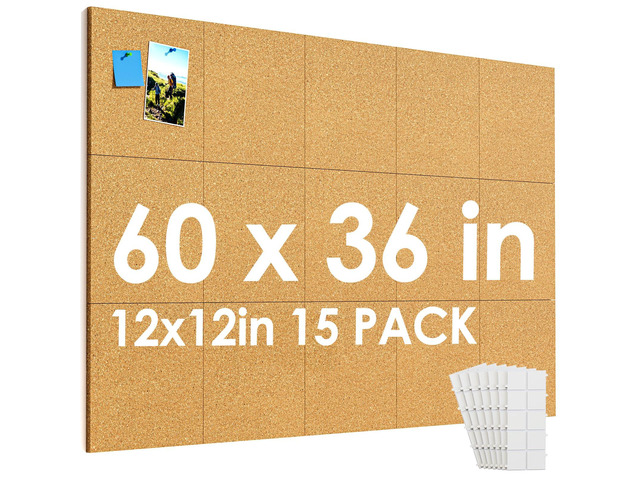 60' x 36' Large Cork Board for Wall, 15 Pack 12' x 12' Tiles Self-Healing Natural Cork; Includes 40 Pushpins & Removable Adhesive Tabs; Flexible...