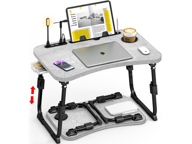 Lap Desk for Bed Adjustable Height, Foldable Bed Table with Storage Drawer, Tablet Slot & Cup Holder, Portable Laptop Stand for Bed & Sofa, Bed...