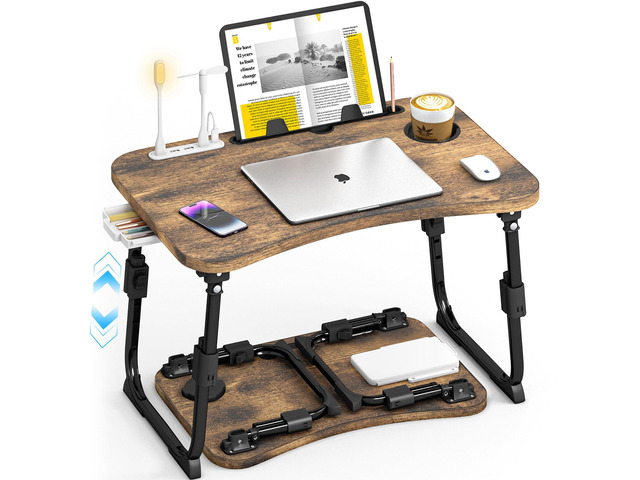 Lap Desk for Bed Adjustable Height, Foldable Bed Table with Storage Drawer, Tablet Slot & Cup Holder, Portable Laptop Stand for Bed & Sofa, Bed...