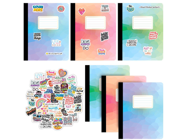 Jainzy Composition Notebooks, 6 Pack with 100 Motivational Stickers,College Ruled, 9.7 x 7.5 inches, 140 Pages, Gold Foil Details
