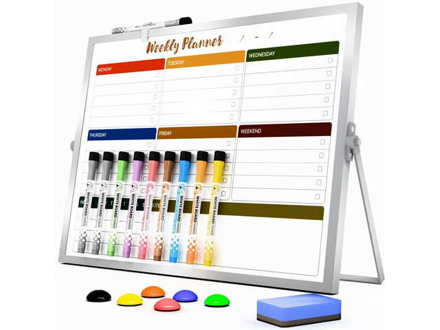 Weekly Calendar Whiteboard with Stand, Dry Erase Magnetic 16'x12' 10 Markers, 6 Magnets, 1 Eraser, Portable Desktop Weekly Schedule Whiteboard for...