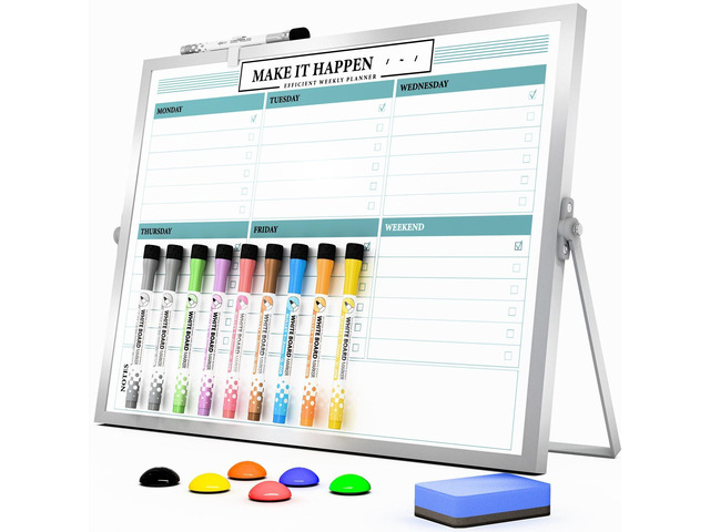 Weekly Calendar Whiteboard with Stand, Dry Erase Magnetic 16'x12' 10 Markers, 6 Magnets, 1 Eraser, Portable Desktop Weekly Schedule Whiteboard for...