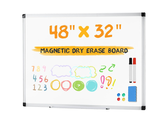 White Board, 48' x 32' Magnetic Dry Erase Board for Wall with 1 Dry Eraser & 2 Multi-Color Markers & 4 Magnetic Pins, Silver Aluminum Frame for...