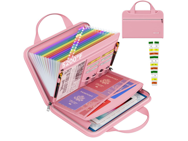 Fireproof Accordion File Organizer, Expanding File Folder, Pink 13 Pocket Colorful, Handle, Zipper & Labels, Multi-Pockets Paper Organizer, for...
