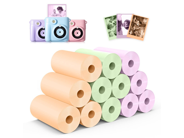 12 Rolls Kids Instant Camera Thermal Print Paper Refill - 3 Colors (Purple, Orange, Green) Compatible with Most Children Instant Print Cameras -...