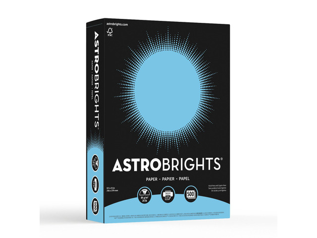 Astrobrights 30% Recycled Bright Color Paper, 8 1/2in x 11in, 24 Lb, FSC Certified, Lunar Blue, Ream Of 500 Sheets, 21528