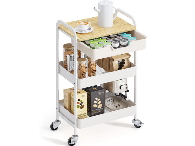 3-Tier Metal Utility Rolling Cart with Drawer and Wooden Table Top, Storage Cart White Trolley Kitchen Organizer Rolling Desk with Locking Wheels...