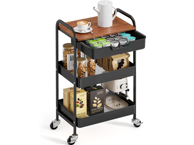 3-Tier Utility Rolling Cart with Wooden Board and Drawer, Metal Storage Cart with Handle, Black Trolley Kitchen Organizer Rolling Desk with Locking...