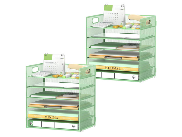 6-Tier Paper Organizer for Desk with Handle, Green, 2 Pack Sturdy Metal Mesh Organizer with Movable Middle Trays and a Carry Handle for Papers,...