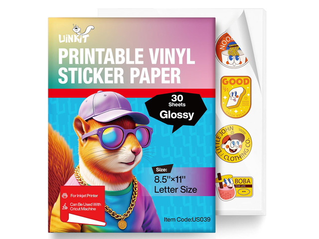 30 Sheets Premium Glossy Printable Vinyl Sticker Paper 8.5'x11' Quickly-Dries Waterproof for Pet Photos & Kids Crafts, Tear-Resistant Decals with...