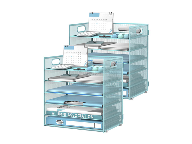 6-Tier Paper Organizer for Desk with Handle, Blue, 2 Pack Sturdy Metal Mesh Organizer with Movable Middle Trays and a Carry Handle for Papers,...