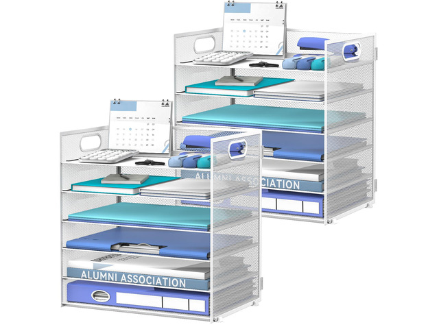6-Tier Paper Organizer for Desk with Handle, White, 2 Pack Sturdy Metal Mesh Organizer with Movable Middle Trays and a Carry Handle for Papers,...