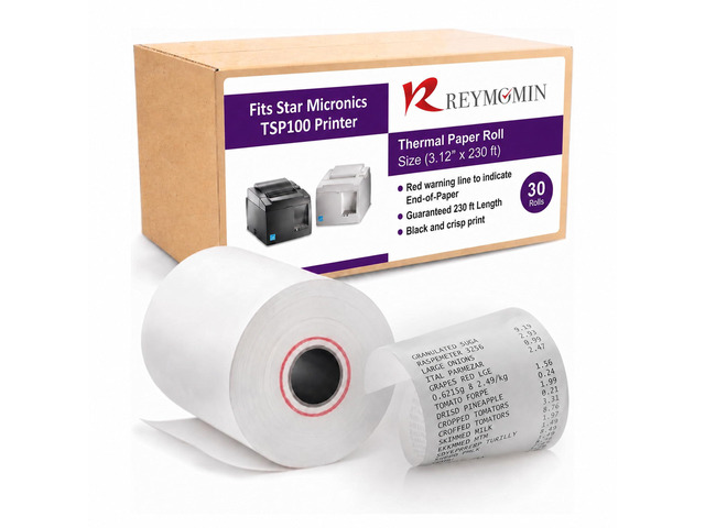 Thermal Paper Compatible with Star Micronics TSP100iii, TSP100-30 Rolls 3.12 inch x 230 ft - BPA Free