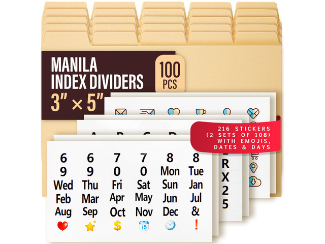 Index Card Dividers 3x5' 100 Pcs of Cardboard Alphabet Dividers with 108 Stickers & Tabs for Index Card Organizer Holder, Storage File Box,...