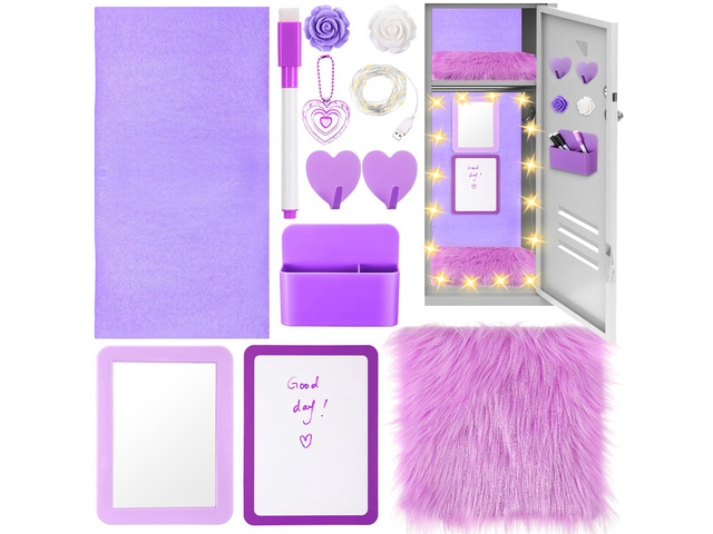 12 Pcs School Locker Accessories Kit, Classic, Purple Locker Wallpaper Magnetic Mirror Whiteboard Rug Pen Holder Keychain Hook and More, Locker...