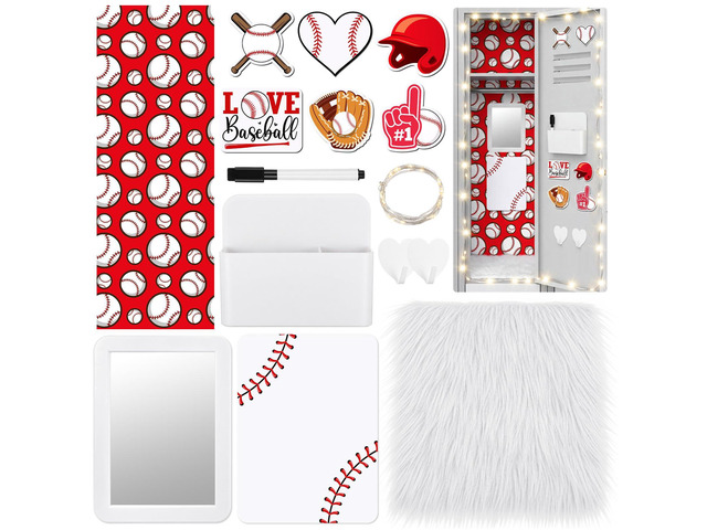 12 Pcs School Locker Accessories Kit, Baseball, Red and White Locker Wallpaper Magnetic Mirror Whiteboard Rug Pen Holder Keychain Hook and More,...