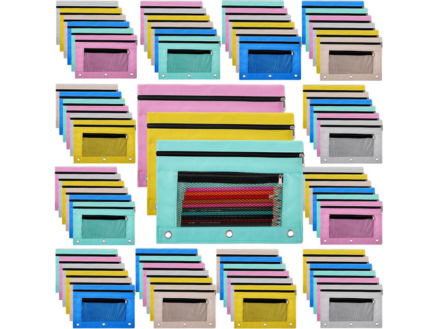 100 Pcs Classroom Binder Pencil Pouches, Macaron, 2 Zipper 3 Ring Binder Zipper Pencil Pouches, Mesh Layer Pencil Bags Bulk, Pencils Pouches for...