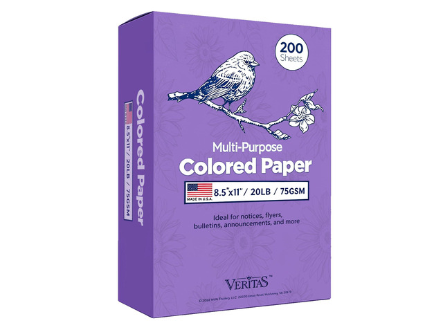 Veritas Colored Copy Paper, Purple Paper,Colored Printer Paper 8.5 x 11 Letter Size, 20 lb / 75 GSM, Purple, 200 Sheets, For Copy, Printer,...
