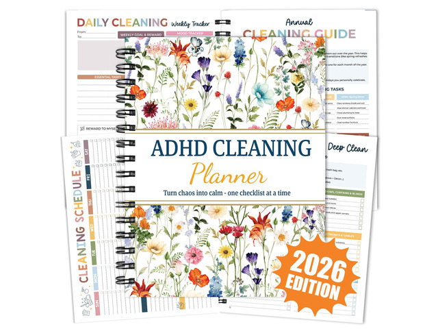ADHD Cleaning Planner, Wildflowers Daily Weekly Monthly Checklists Spiral Bound Schedule Organizer for Adults & Teens, Weekly & Monthly Household...