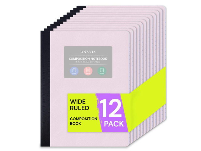 Pink Plastic Composition Notebook Wide Ruled Bulk, 160 Pages 80 Sheets, 9.75 x 7.5 in, 12 Pack Poly Cover Notebook, Waterproof, Durable, Sewn...