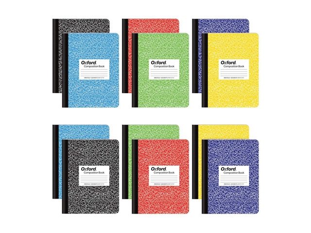 Oxford Composition Notebooks, Wide Ruled Paper, 9-3/4' x 7-1/2', Assorted Marble Covers, 100 Sheets, 12 per Pack, Colors May Vary (63794)