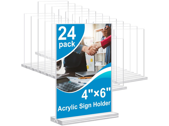 Acrylic Sign Holder 4x6 Inches 24 Pack, Double Sided Clear Display Stand Table Top Sign Paper Holder, Vertical Menu Flyer Holder, Plastic Sign...