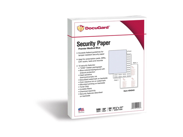 Medical Security Papers, 24 lb Bond Weight, 8.5 x 11, Blue, 500/Ream