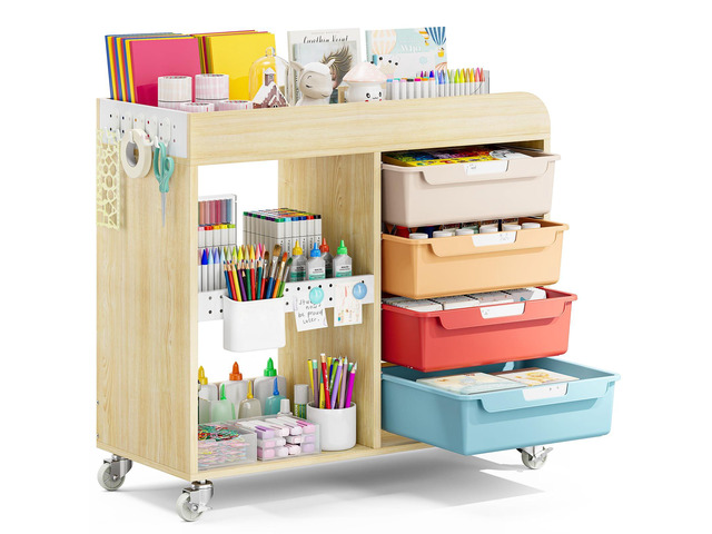 Craft Organizers and Art Supply Storage Art Cart, Classic Macaron Rolling Cart with 4 Drawers & Metal Pegboard, 5 Hooks, Cute Macaron Color Magnets...