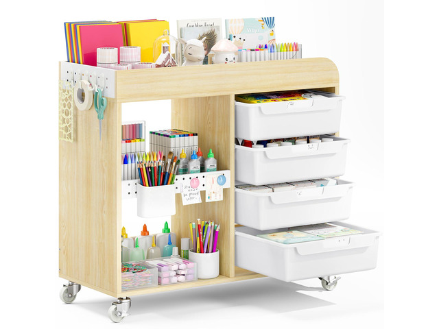 Craft Organizers and Art Supply Storage, Art Cart, Classic White Rolling Cart with 4 Drawers & Metal Pegboard, Cute Macaron Color Magnets for Craft...