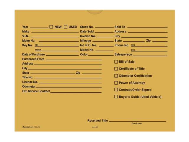 Printed Vehicle Deal Envelopes 9x12 Deal Jackets (100 shrink wrapped) (Buff)