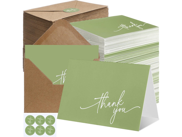 200 Pcs Thank You Cards with Envelopes Stickers, 3.5x5', Sage Green Folded Blank Thank You Notes Bulk, Kraft Envelopes and Stickers, for Wedding...