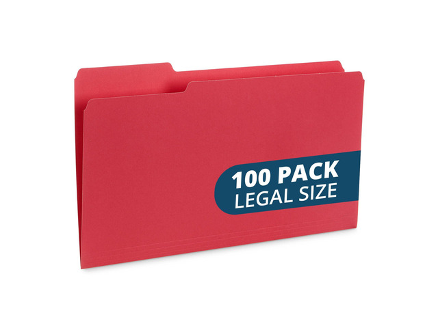 100 File Folders, Legal Size, 1/3 Cut Tab, Red Durable 11pt Uncoated Paper, 1/3 Cut Top Tab, Assorted Tab Positions, for Office, School, and Home...