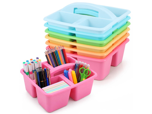 6 Pack 4 Compartment Classroom Caddy with Handle, Pastel Assorted Colors, Portable Carry Handle, Versatile Table Caddies for Classroom Organization...