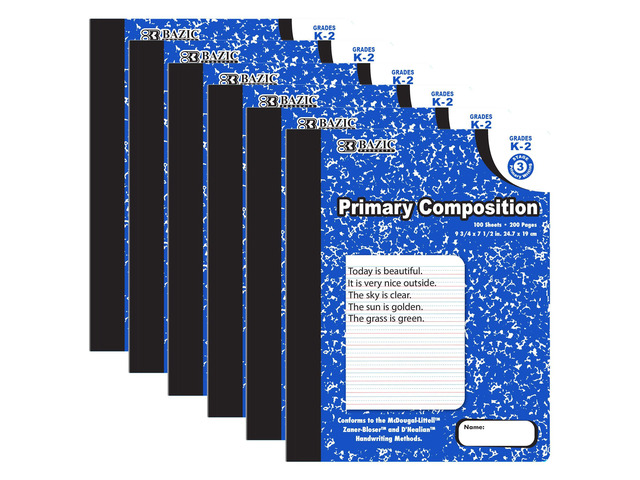 Primary Composition Notebook, Grades K-2, Marble, 6-Pack 100 sheets (200 pages), 9.75 x 7.5 in, Dashed mid-line primary ruling, Center-sewn, Bulk pack
