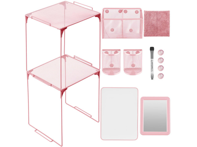 13 Pcs Locker Organizer Kit Stackable Mesh Shelves School, Pink